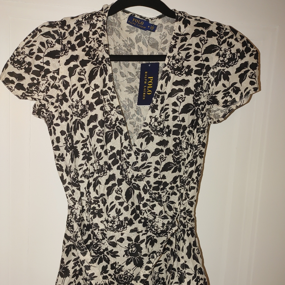 Womens polo linen wrap top floral black white sz m